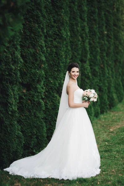 Belle Mariée Élégante Robe Blanche Tenant Bouquet Posant Dans Parc — Photo