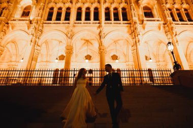 Düğün günü el ele tutuşan çift, damat ve gelin..