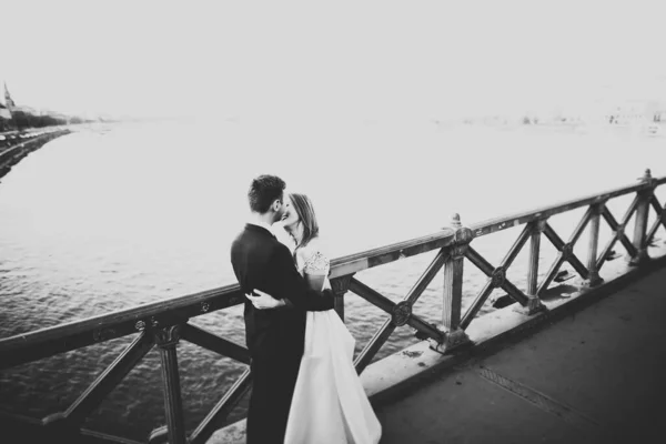 Jovem Belo Par Elegante Recém Casados Uma Ponte — Fotografia de Stock