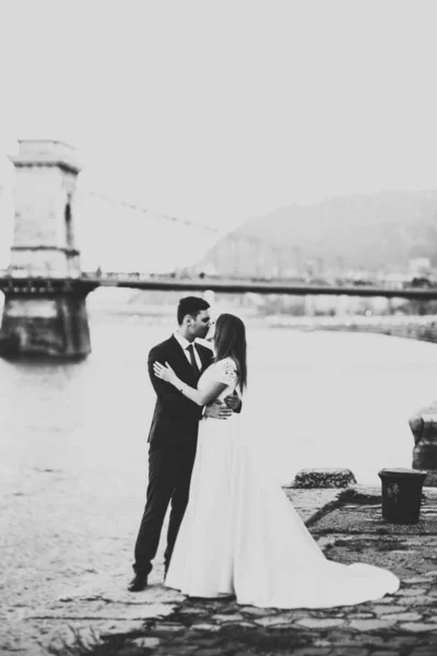 Gyönyörű Esküvői Pár Csókolózik Ölelkezik Part Közelében Egy Hegyi Folyó — Stock Fotó