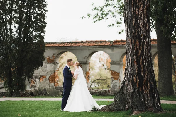 Casal Romântico Bonito Casal Recém Casados Abraçando Parque — Fotografia de Stock