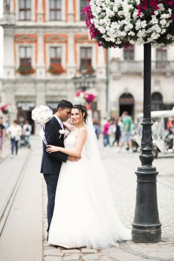 Güzel, mutlu bir düğün çifti, güzel şehirde uzun beyaz elbiseli bir gelin..