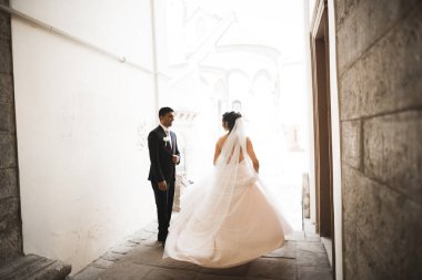 Göz kamaştırıcı mutlu çift birbirine yakın duruyor ve gözlerinin içine bakıyor..