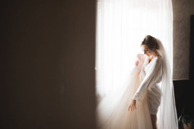 Tüylü, lüks makyaj, saç stili, stüdyo içi fotoğraf çekimi olan güzel bir gelin..