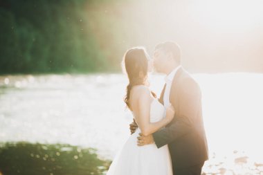 Güzel gelin ve damat evlendikleri gün kucaklaşıp öpüşüyorlar..