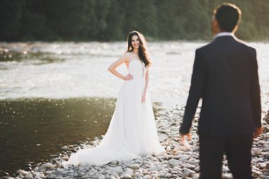 Zarif, şık, mutlu, sarışın gelin ve dağlardaki güzel bir nehrin arka planında harika bir damat..