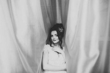 Tüylü, lüks makyaj, saç stili, stüdyo içi fotoğraf çekimi olan güzel bir gelin..