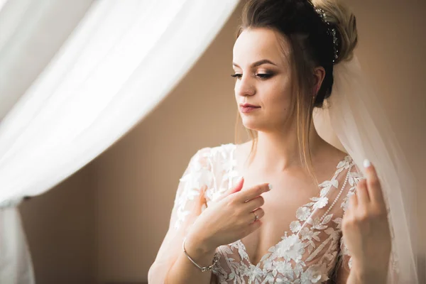 Porträt Der Schönen Braut Mit Modeschleier Hochzeitsmorgen — Stockfoto
