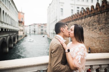 Romantik, peri masalı, mutlu yeni evli çift parkta sarılıp öpüşüyor, arka planda ağaçlar....