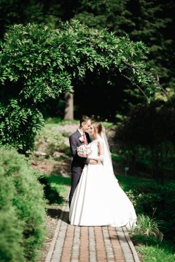 Romantik düğün anı, yeni evli çiftin gülümseyen portresi, gelin ve damadın kucaklaşması.