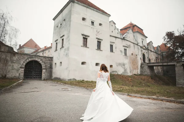 Piękny Luksus Panna Młoda Eleganckiej Białej Sukience — Zdjęcie stockowe