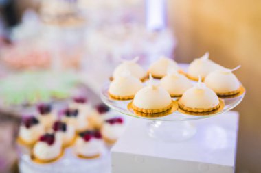 Lezzetli ve tatlı bir tatlı masası. Kapalı resepsiyonda küçük kekler ve shot 'lar var..
