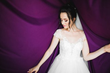 Cüppeli muhteşem gelin bir odada düğün töreni için poz veriyor ve hazırlanıyor..