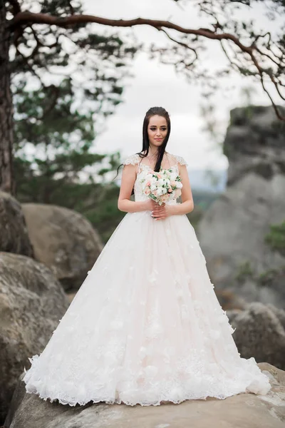 Kráska Žena Nevěsta Perfektní Bílé Šaty Pozadí Hory — Stock fotografie