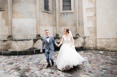 Düğün günü el ele tutuşan çift, damat ve gelin..