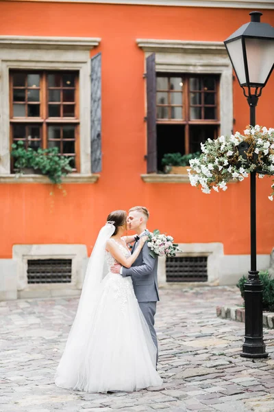 Pareja Boda Naturaleza Está Abrazando Hermosa Modelo Chica Vestido Blanco — Foto de Stock