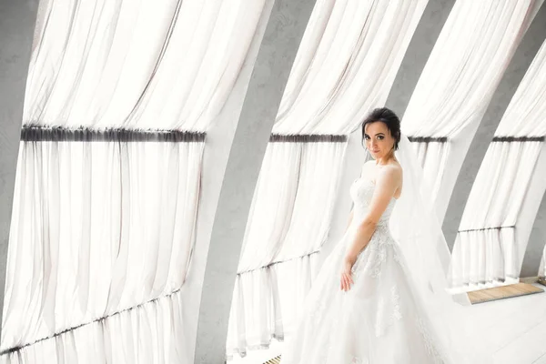 Portret Van Een Mooie Bruid Met Modesluier Huwelijksochtend — Stockfoto