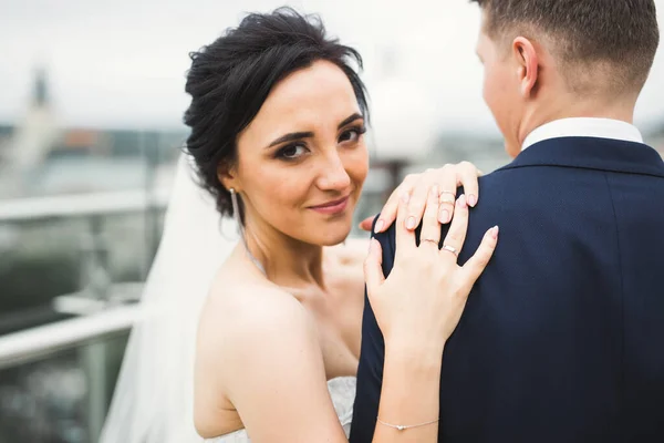 Romantic Wedding Moment Couple Newlyweds Smiling Portrait Bride Groom Hugging — Stock Photo, Image