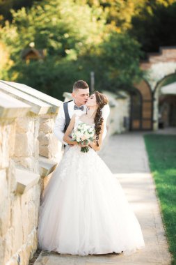 Güzel gelin ve damat düğün günlerinde kucaklaşıp öpüşürler..