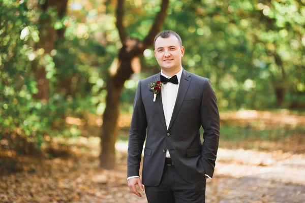 Šťastný Pohledný Usměvavý Ženich Pózující Boutonniere — Stock fotografie