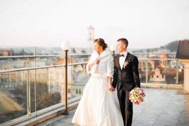 Düğün günü el ele tutuşan çift, damat ve gelin..