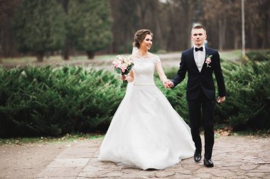 Düğün günü el ele tutuşan çift, damat ve gelin..