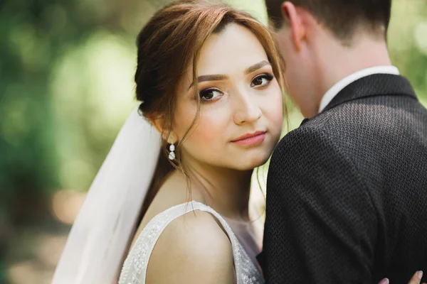 Прекрасная Романтическая Свадебная Пара Молодоженов Обнимающихся Парке — стоковое фото