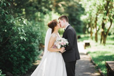 Güzel gelin ve damat düğün günlerinde kucaklaşıp öpüşürler..