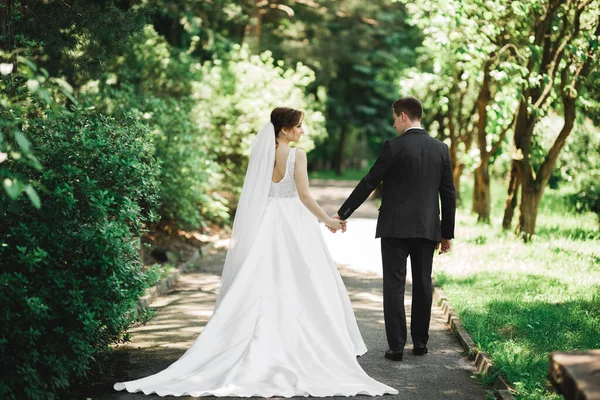 植物公園を歩く幸せな結婚式のカップル — ストック写真