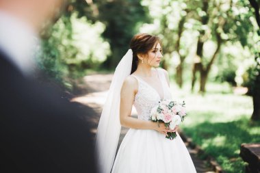 Mutlu düğün çift büyüleyici damat ve mükemmel gelin parkta poz.