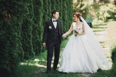 Botanik parkında yürüyen mutlu bir çift..