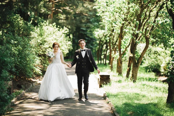 Joyeux Couple Mariage Marchant Dans Parc Botanique — Photo