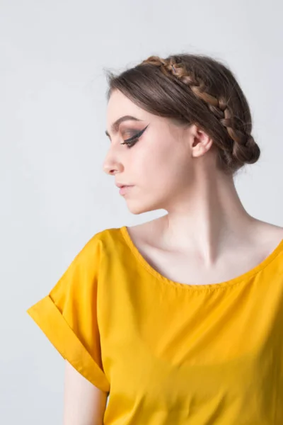Beautiful Elegant Female Wearing Yellow Top White Background — Stok fotoğraf