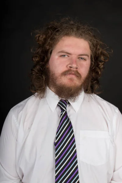 Size Male Long Hair Beard Wearing Business Suit Tie — 스톡 사진