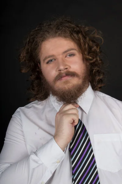 Size Male Long Curly Hair Beard Wearing Business Suit Wearing — Stok fotoğraf