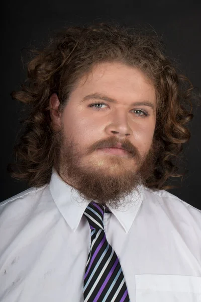 Size Male Long Curly Hair Beard Wearing Business Suit Makeup — 스톡 사진