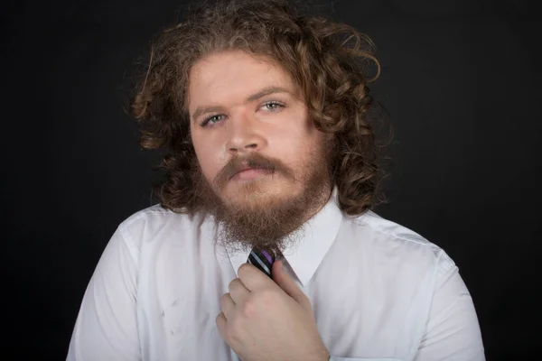 Size Male Long Curly Hair Beard Wearing Business Suit — 스톡 사진