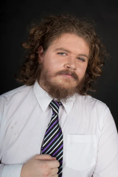 Size Male Long Curly Hair Beard Wearing Business Suit — Stockfoto
