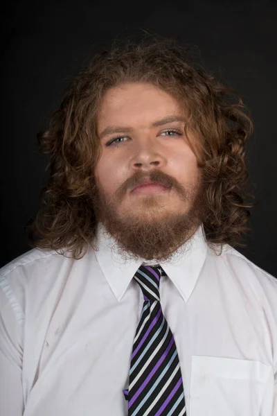 Size Male Long Curly Hair Beard Wearing Business Suit — Foto Stock