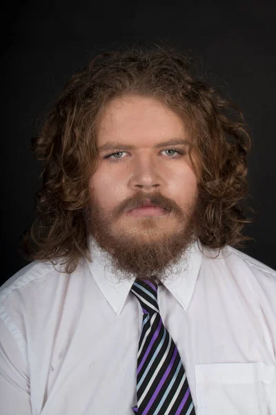 Size Male Long Curly Hair Beard Wearing Business Suit — Stockfoto