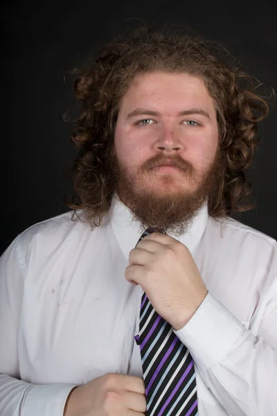 Size Male Long Curly Hair Beard Wearing Business Suit — Foto Stock