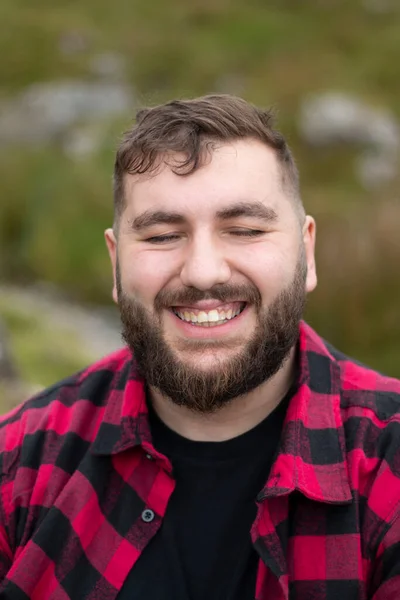 Size Male Wearing Checked Shirt Out Travel Adventure Smiling His — Stok fotoğraf