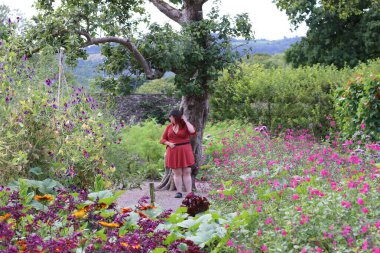 Plus size female standing next to some pretty flowers in front of a tree while out exploring in wales on a travel adventure