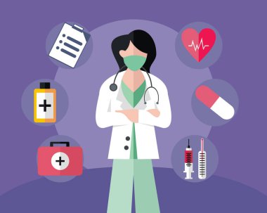illustration vector graphic of standing female doctor wearing white coat, displaying medical supplies, perfect for medical, pharmacy, healthy, hospital, etc.
