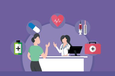 illustration vector graphic of female doctor giving directions to the patient, showing medical equipment, perfect for pharmacy, healthy, hospital, etc.
