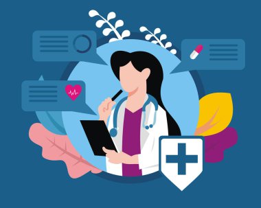 illustration vector graphic of young doctor holding a note and pen, showing capsule and heat rate, perfect for medical, pharmacy, hospital, healthy, etc.