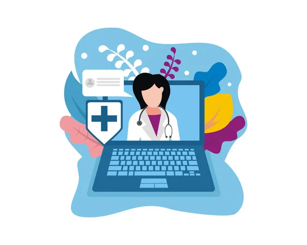 Illustration Vector Graphic Female Doctor Laptop Screen Showing Sign Shield — Stock Vector