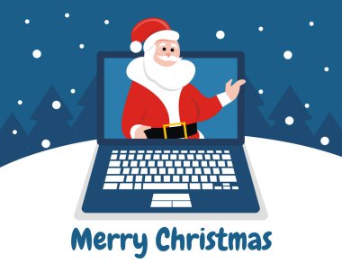 illustration vector graphic of Santa Claus is greeting inside the laptop screen, perfect for christmas, religion, church, greeting card, etc.