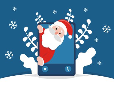 illustration vector graphic of santa claus peeking from smartphone screen in snow field, perfect for christmas, religion, chruch, holiday, greeting card, etc.