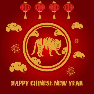 illustration vector graphic of a tiger in a circle and surrounded by clouds, displaying lanterns, perfect for religion, holiday, culture, chinese day, greeting card, etc.